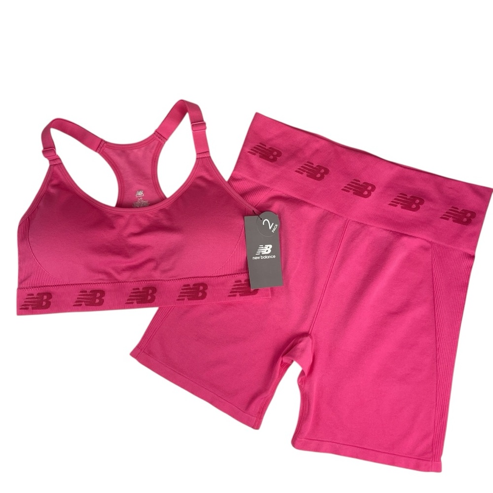 New Balance Women's 2 Piece Gym Workout Short & Bra Set Hot Pink Size Large NWT